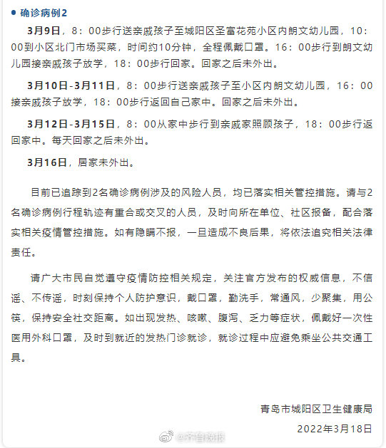 青岛城阳区2例确诊病例轨迹公布(青岛城阳发现一例)