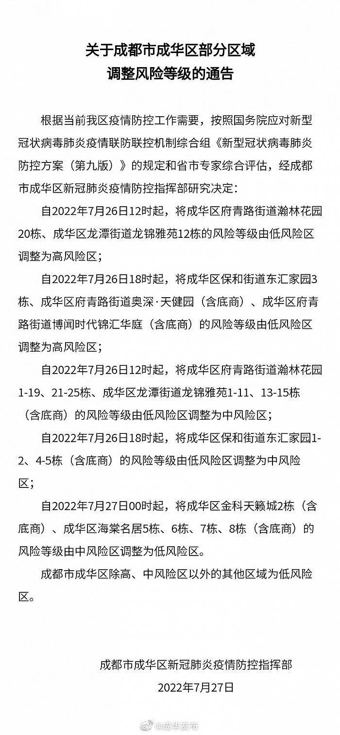 【成都多地调整为中高风险区，成都变为中风险】