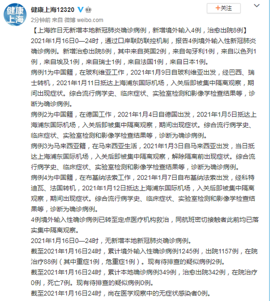 【上海新增7例境外输入病例，上海新增7例境外输入性新冠肺炎确诊病例】
