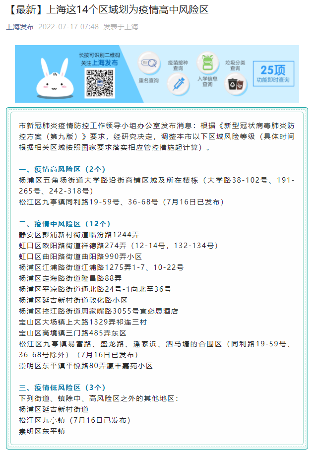 上海新增5个中风险地区/上海新增一中风险小区 上海新增5个中风险地区/上海新增一中风险小区