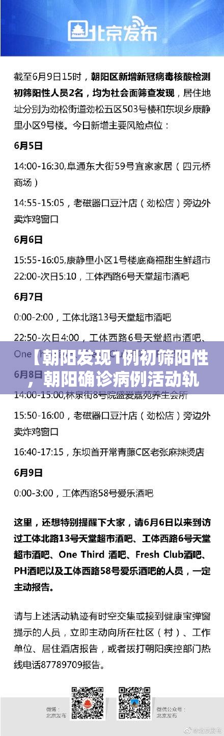 【朝阳发现1例初筛阳性，朝阳确诊病例活动轨迹】
