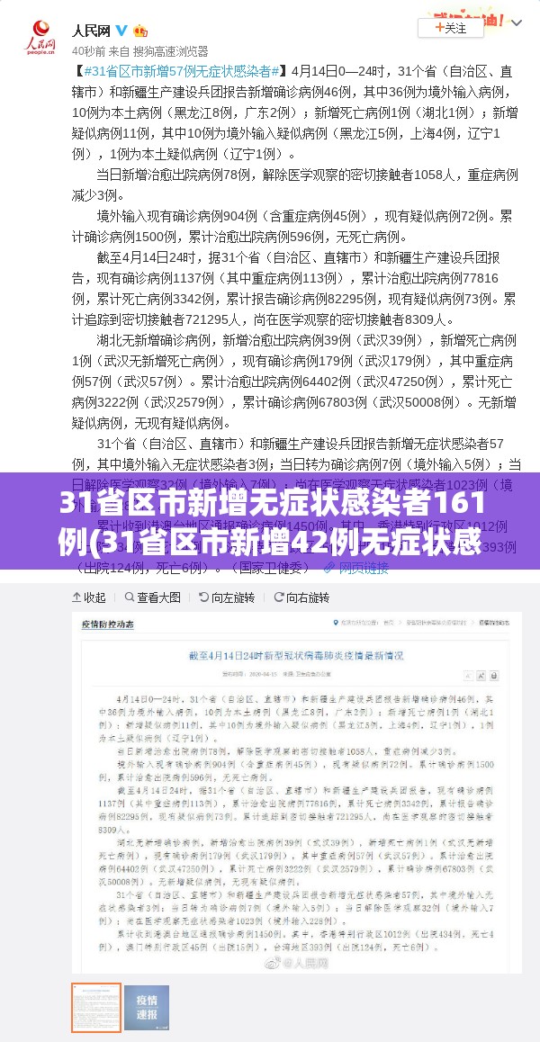 31省区市新增无症状感染者161例(31省区市新增42例无症状感染者)