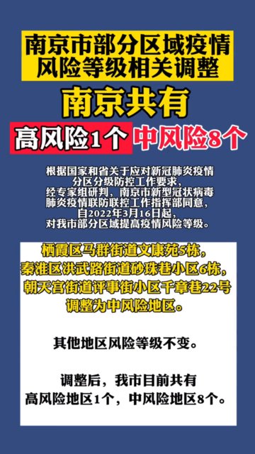 南京市一区域调整为高风险地区(南京市现有高风险地区4个,中风险地区42个)