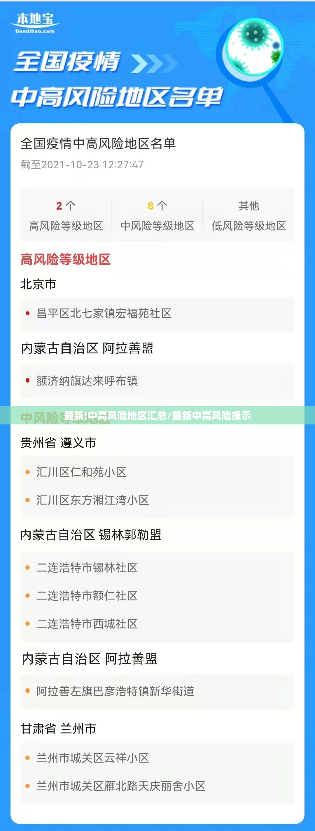 最新!中高风险地区汇总/最新中高风险提示